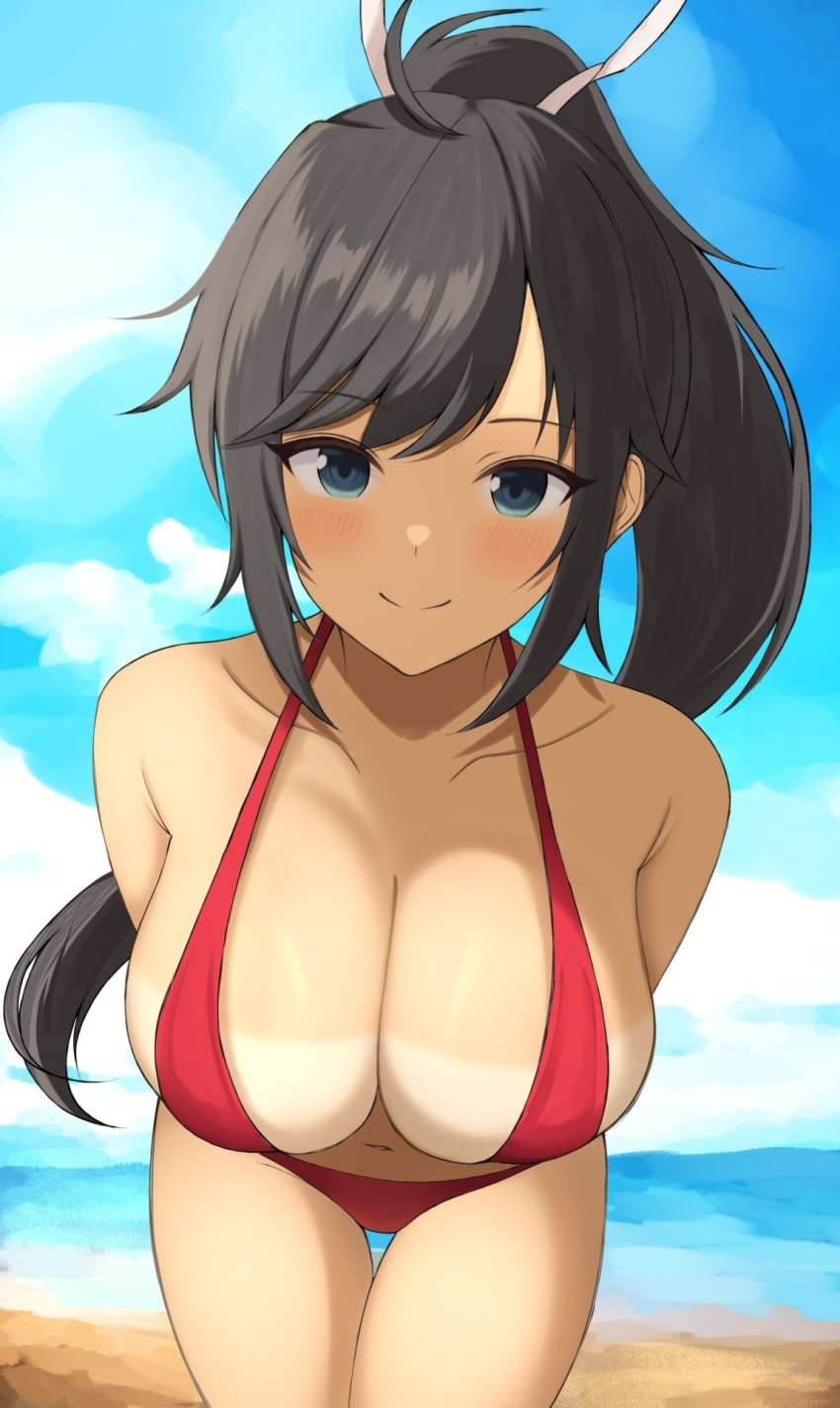 1girl bare_shoulders beach bikini bikini_tan black_hair blue_eyes blush breasts cleavage cloud hair_ribbon highres homura_(senran_kagura) large_breasts long_hair navel ocean ponytail ribbon sand senran_kagura senran_kagura_estival_versus senran_kagura_shinovi_versus sky smile solo surippa1010 swimsuit tan tanlines white_ribbon