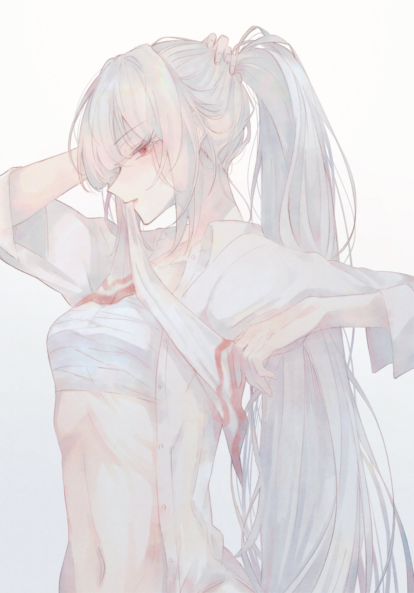 1girl absurdres arm_up chest_sarashi collared_shirt fujiwara_no_mokou gradient_background grey_background highres holding holding_own_hair holding_ribbon long_hair looking_at_viewer looking_to_the_side mouth_hold navel open_clothes open_shirt ponytail profile red_eyes ribbon sarashi shirt simple_background solo somei_ooo touhou unworn_hair_bow upper_body very_long_hair white_background white_hair white_ribbon white_shirt