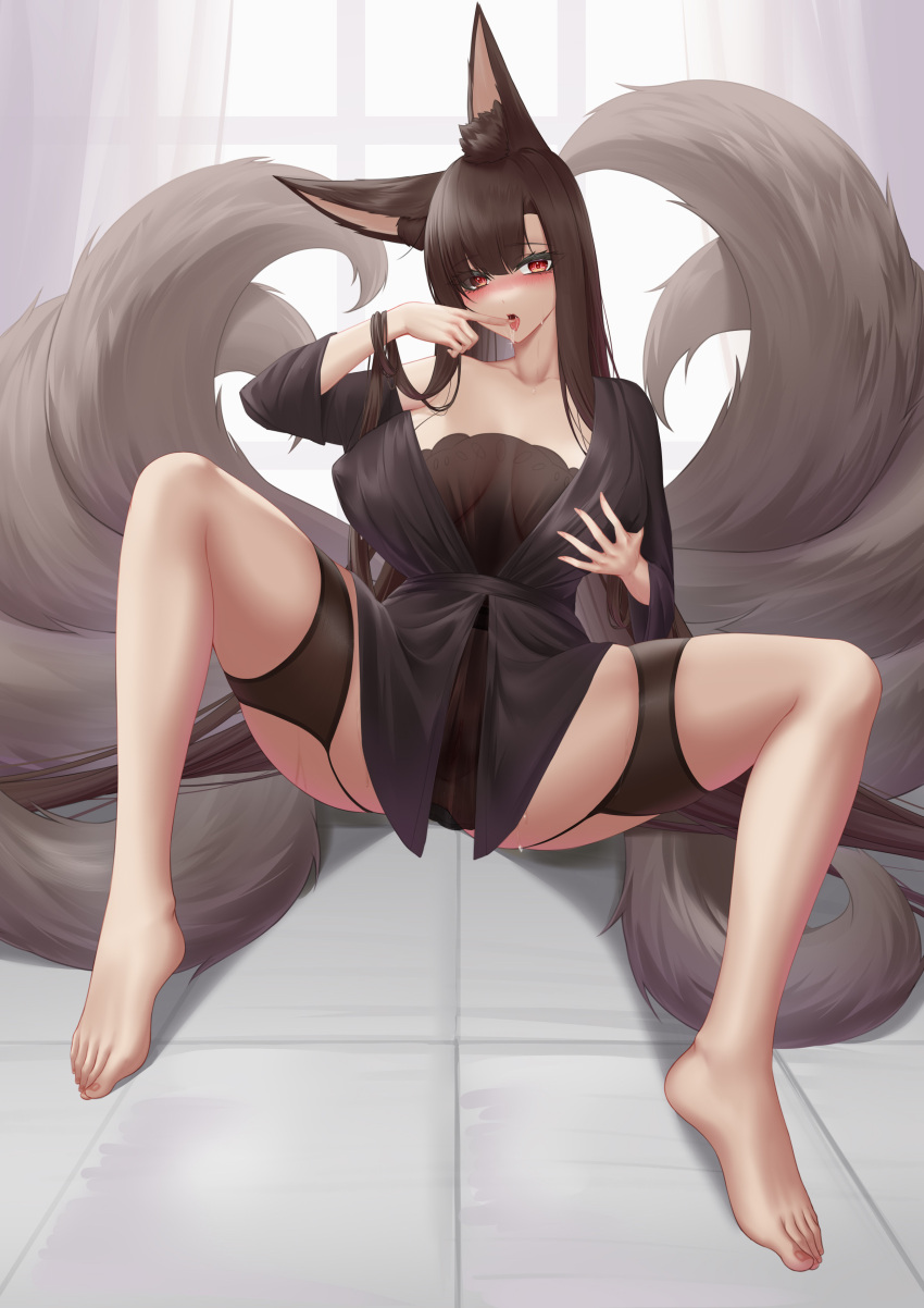 1girl absurdres akagi_(azur_lane) animal_ears azur_lane bare_legs bare_shoulders barefoot blush breasts brown_hair collar covered_nipples dress finger_to_mouth fox_ears fox_girl fox_tail full_body garter_straps grabbing_own_breast hair_between_eyes hand_up highres ichikushi_mojibake kitsune large_breasts leash legs licking licking_finger long_hair looking_at_viewer m_legs multiple_tails no_bra no_panties off_shoulder pussy red_eyes see-through see-through_dress sitting skindentation slit_pupils solo spread_legs tail thighs very_long_hair