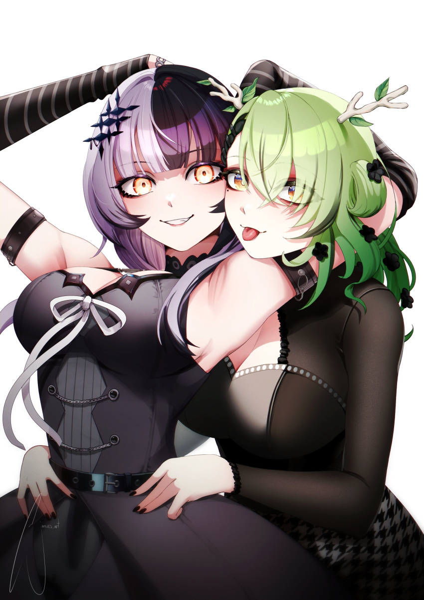 2girls absurdres alternate_costume antlers arm_belt belt black_belt black_dress black_flower black_gloves black_hair black_nails blunt_bangs braid braided_bangs breasts ceres_fauna choker cleavage cleavage_cutout clothing_cutout dress elbow_gloves eyes_visible_through_hair flower gloves green_hair hair_flower hair_ornament hair_over_one_eye hand_on_own_head hands_on_another's_hips highres holding_another's_head hololive hololive_english jamwes jewelry long_hair long_sleeves looking_at_viewer mole mole_under_eye multicolored_hair multiple_girls one_side_up ribbon ring shiori_novella signature sleeveless sleeveless_dress smile split-color_hair striped striped_arm_warmers striped_gloves teeth tongue tongue_out two-tone_hair virtual_youtuber white_background white_hair white_ribbon yellow_eyes
