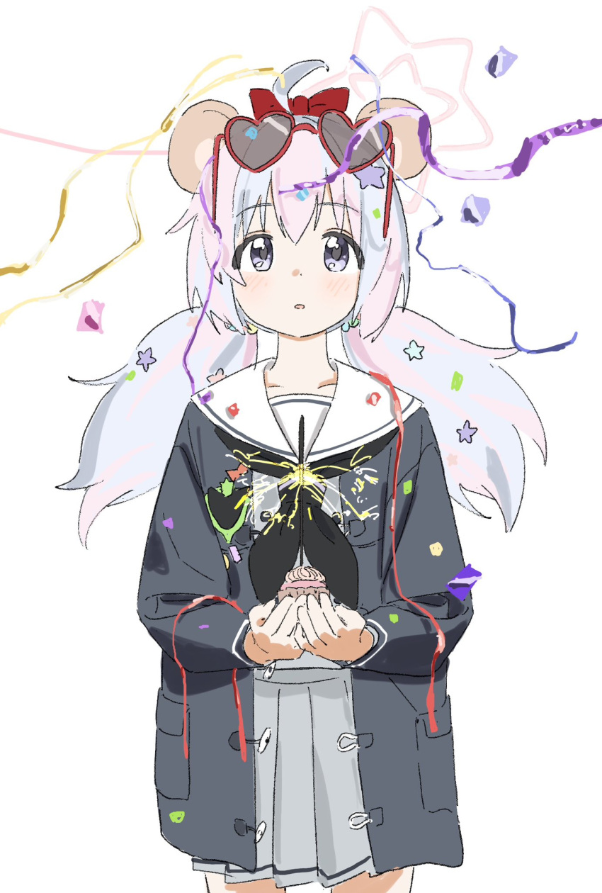 1girl ahoge animal_ears beads black_coat black_neckerchief blue_archive blush coat confetti cowboy_shot cupcake eyewear_on_head fake_animal_ears fireworks food gomibako_(gomibako_price) grey_shirt grey_skirt hair_beads hair_ornament heart heart-shaped_eyewear highres holding holding_food long_hair looking_at_viewer low_twintails multicolored_hair neckerchief open_clothes open_coat parted_lips party pleated_skirt purple_eyes reisa_(blue_archive) sailor_collar school_uniform serafuku shirt simple_background skirt solo sparkler star_(symbol) star_hair_ornament streamers sunglasses tareme twintails two-tone_hair white_background white_sailor_collar