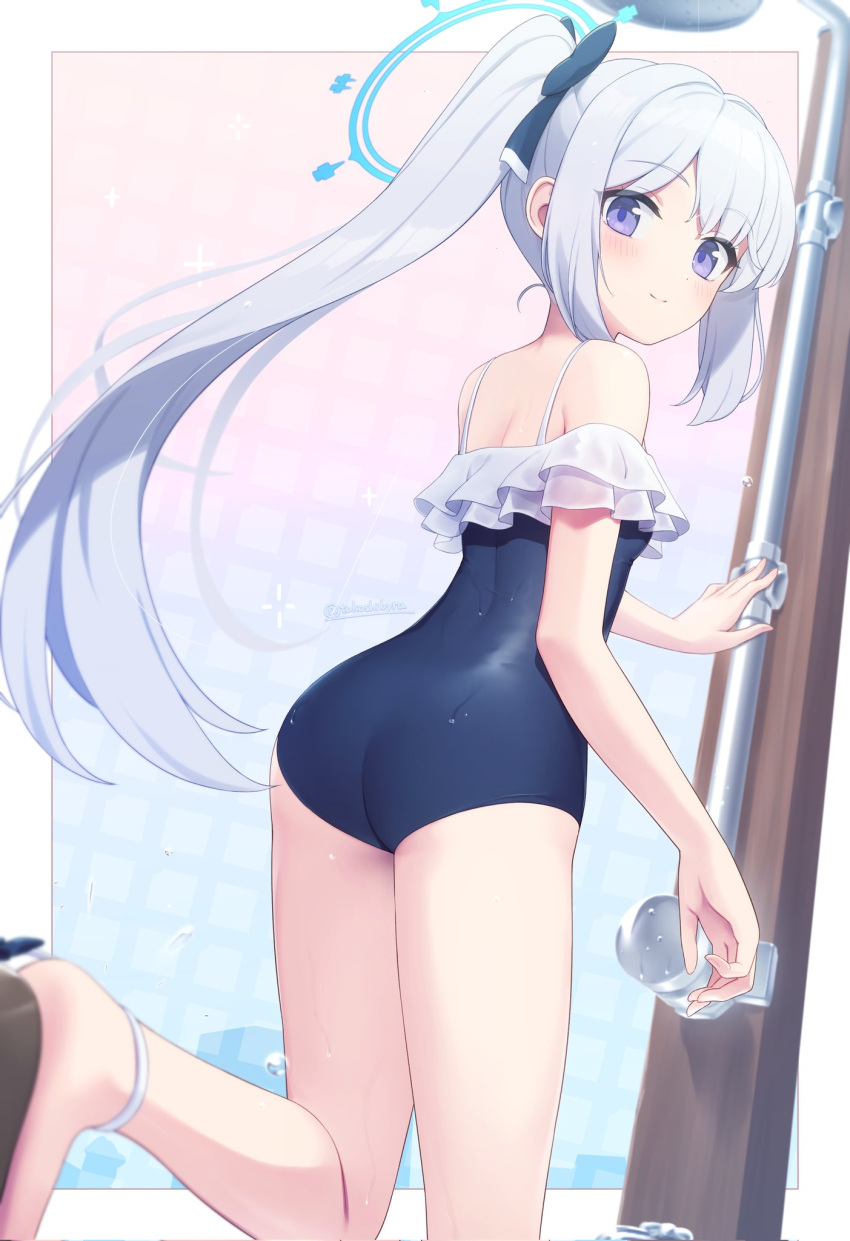 1girl artist_name ass blue_archive blue_bow blue_halo blue_one-piece_swimsuit blush bow breasts casual_one-piece_swimsuit closed_mouth commentary_request dot_nose feet_up frilled_one-piece_swimsuit frills from_behind hair_bow halo highres long_hair looking_at_viewer looking_back miyako_(blue_archive) miyako_(swimsuit)_(blue_archive) off-shoulder_one-piece_swimsuit off_shoulder official_alternate_costume one-piece_swimsuit ponytail purple_eyes small_breasts smile solo spaghetti_strap standing standing_on_one_leg swimsuit tokoshibyra twitter_username very_long_hair white_hair