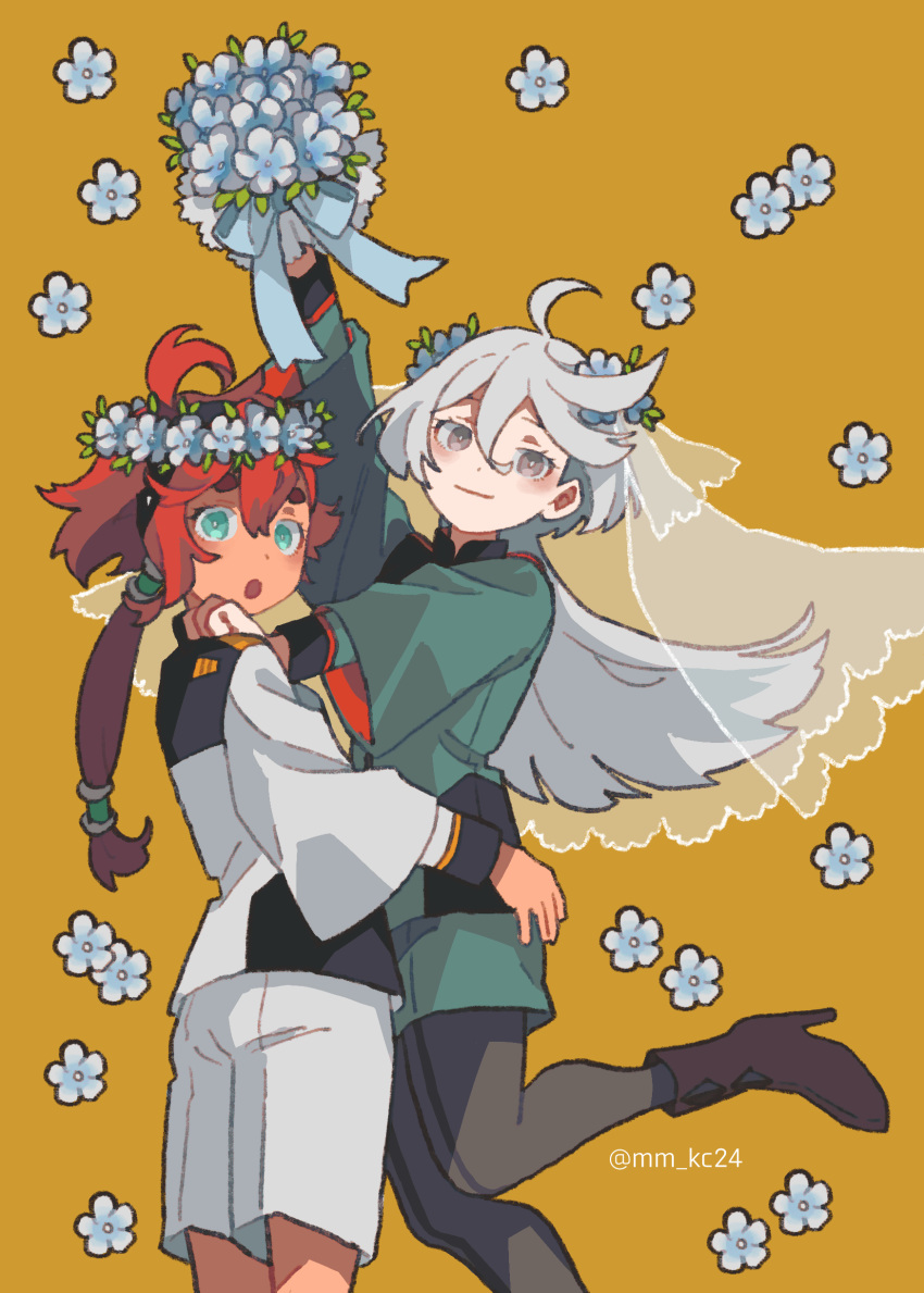 2girls absurdres ahoge aqua_eyes asticassia_school_uniform black_footwear black_hairband blue_flower blush boots bouquet cowboy_shot dou_(mame_eee) flower green_jacket green_shorts grey_eyes grey_hair gundam gundam_suisei_no_majo hair_between_eyes hair_flower hair_ornament hairband hand_on_another's_shoulder hand_on_another's_waist high_heel_boots high_heels highres holding holding_bouquet jacket long_hair long_sleeves looking_at_viewer low_ponytail miorine_rembran multi-tied_hair multiple_girls open_mouth pantyhose red_hair school_uniform short_hair_with_long_locks shorts shoulder_boards simple_background smile suletta_mercury thick_eyebrows white_jacket white_shorts wide-eyed wife_and_wife yellow_background yuri