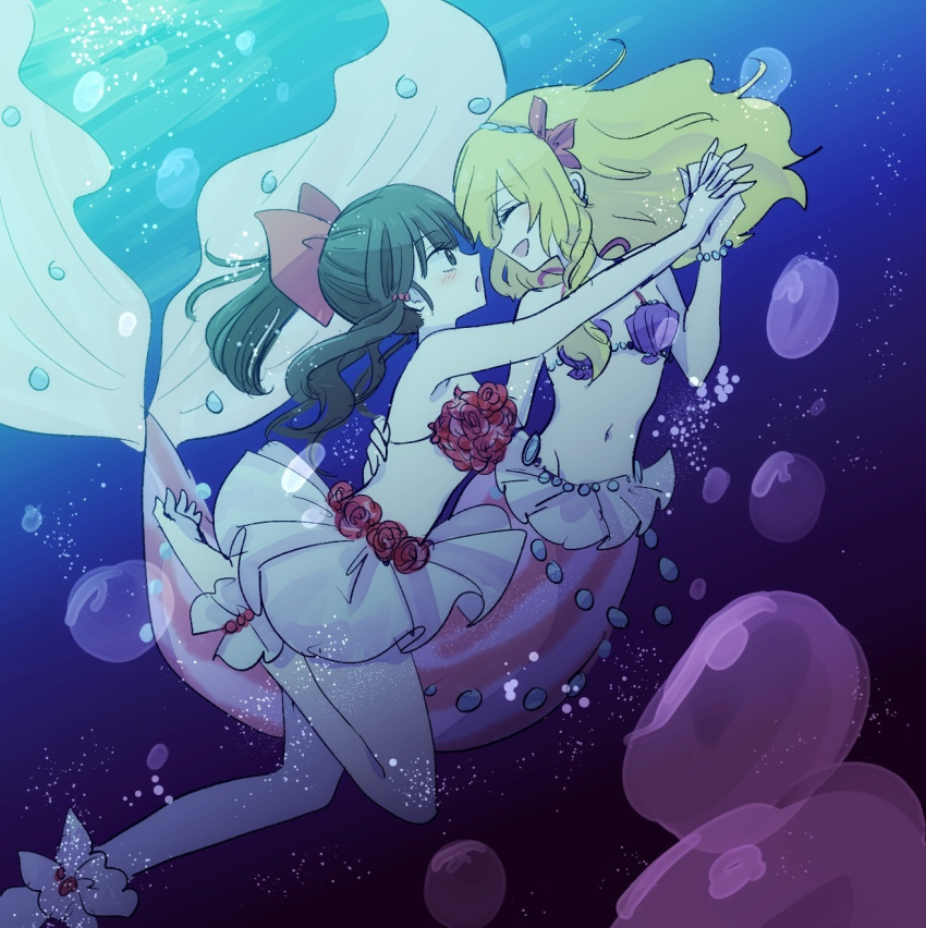 2girls air_bubble alternate_costume ankle_cuffs bead_bracelet beads bikini black_hair blonde_hair bow bracelet bubble commentary_request flower flower_bikini fuwafurin hair_bow hakurei_reimu hand_on_another's_back highres holding_hands interlocked_fingers jewelry kirisame_marisa light_blush long_hair mermaid monster_girl multiple_girls open_mouth red_bow red_flower red_rose rose shell shell_bikini smile swimsuit touhou underwater yuri