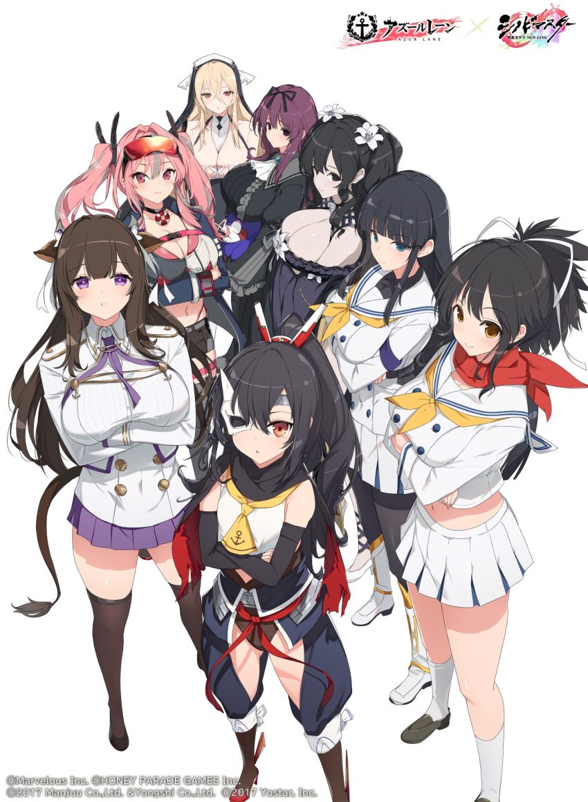 6+girls akatsuki_(azur_lane) animal_ears asuka_(senran_kagura) azur_lane bebe-tan blue_eyes blue_hair boots breasts bremerton_(azur_lane) brown_eyes brown_hair buttons cleavage commentary_request company_connection company_name copyright_name cow_tail crossed_arms dress eyewear_on_head flat_chest fubuki_(senran_kagura) full_body habit hair_ornament high_ponytail highres holding ikaruga_(senran_kagura) implacable_(azur_lane) japanese_clothes kashino_(azur_lane) knee_boots large_breasts logo long_hair looking_at_viewer mask midriff multicolored_hair multiple_girls murasaki_(senran_kagura) navel neckerchief official_art pale_skin pantyhose parted_lips pink_eyes pink_hair pleated_skirt ponytail purple_eyes purple_hair rigging school_uniform senran_kagura senran_kagura_new_link shoes shorts simple_background skirt socks standing stuffed_toy tail thighhighs twintails uniform white_background yaegashi_nan zettai_ryouiki