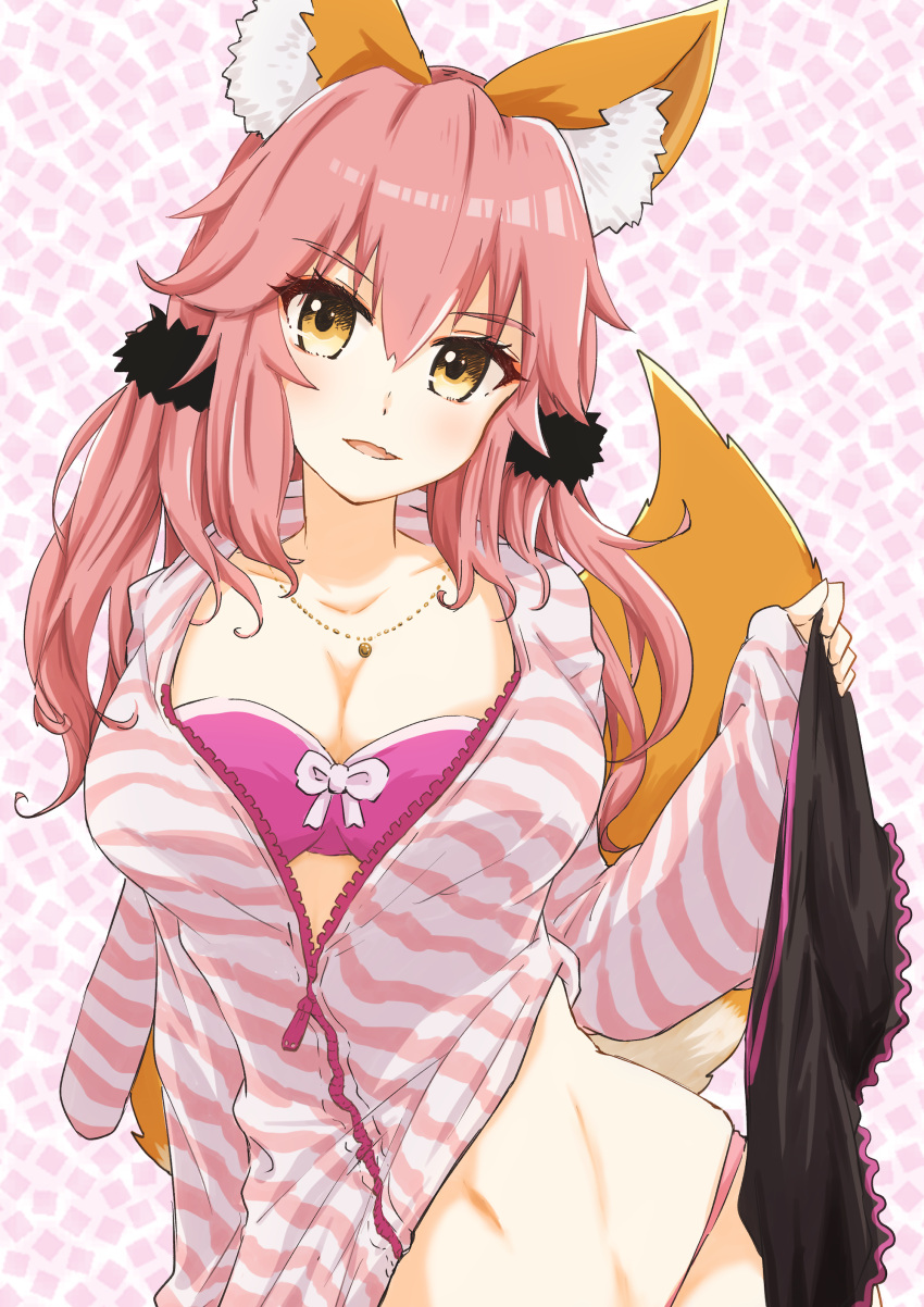 1girl absurdres animal_ear_fluff animal_ears bra breasts casual cleavage collar collarbone fate/extra fate_(series) fox_ears fox_girl fox_tail highres large_breasts looking_at_viewer navel open_clothes open_mouth open_shirt pants pants_removed pink_bra pink_hair solo tail tamamo_(fate) tamamo_no_mae_(fate/extra) underwear yellow_eyes ystrann
