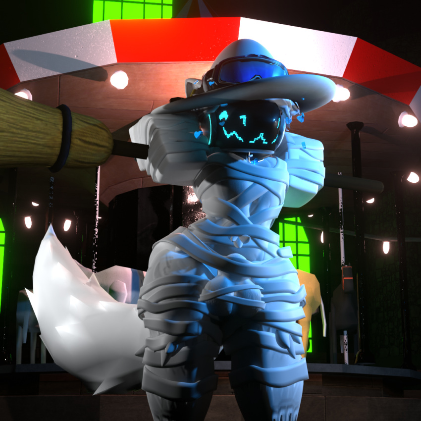 balls eyewear fluffy fluffy_tail fur genitals goggles goggles_on_headwear halloween halloween_costume holidays machine male mostly_nude mummy_costume mummy_wrappings nearlyepoint paws protogen protogen_visor roblox robloxian solo tail wrappings