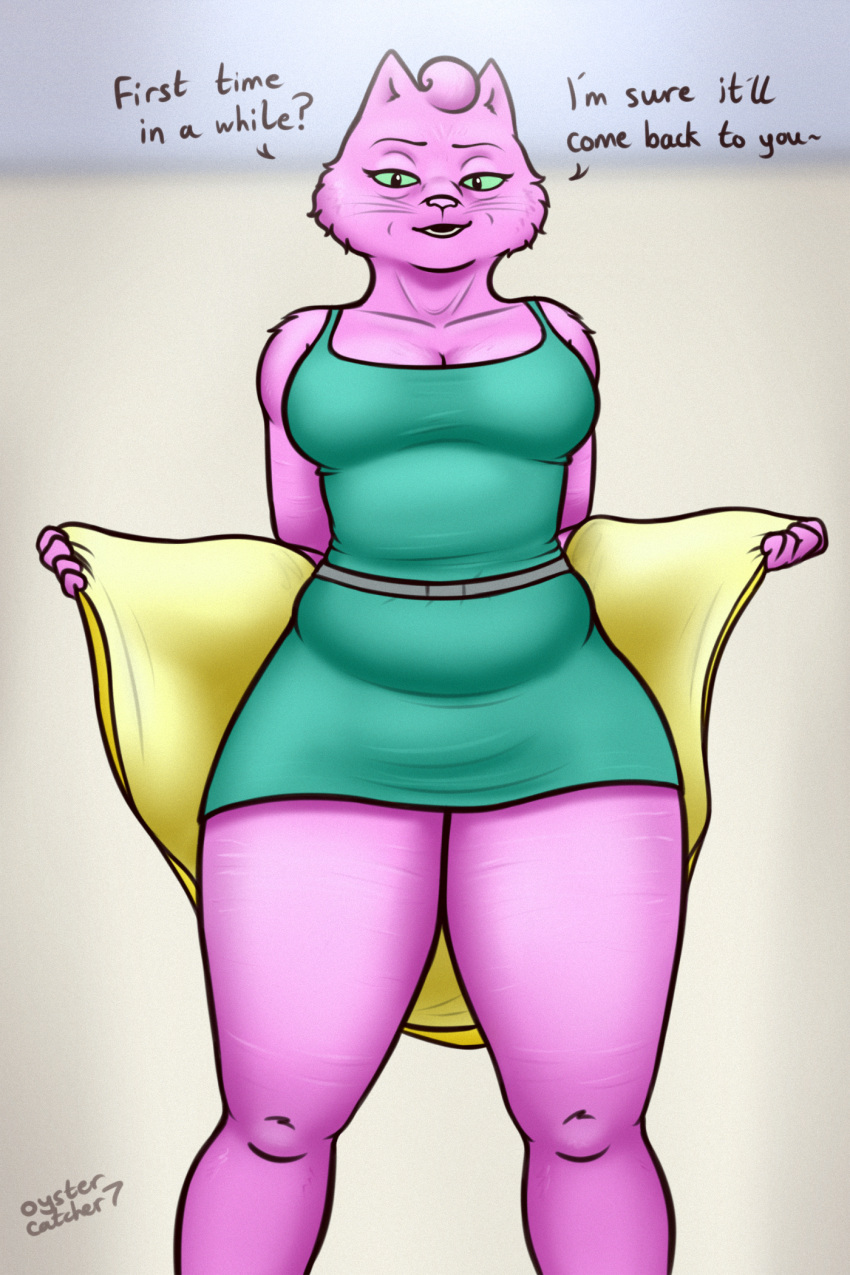 anthro bojack_horseman breasts cleavage clothed clothing domestic_cat felid feline felis female fur green_sclera hi_res imminent_sex mammal mature_female motivation netflix oystercatcher7 pink_body pink_fur princess_carolyn slightly_chubby solo thick_thighs undressing