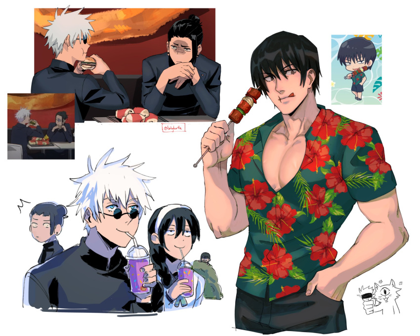 1girl 3boys akutami_gege_(avatar) black_hair black_jacket black_shorts braid burger cup derivative_work disposable_cup drinking drinking_straw food fushiguro_touji getou_suguru gojou_satoru green_shirt grimace_shake_(meme) hawaiian_shirt highres holding holding_cup holding_food jacket jujutsu_kaisen large_pectorals long_hair looking_at_another meme milkshake multiple_boys muscular muscular_male orimoto_rika pectorals purple_liquid round_eyewear scar scar_on_face scar_on_mouth screencap_redraw shirt short_hair shorts single_braid sunglasses tirtyturtle white_hair