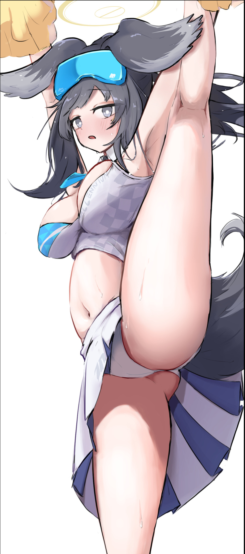 1girl absurdres animal_ears armpits arms_up ass_visible_through_thighs black_hair blue_archive blush breasts bright_pupils commentary_request cowboy_shot curvy dog_ears dog_tail eyewear_on_head grey_eyes hair_between_eyes halo hibiki_(blue_archive) hibiki_(cheer_squad)_(blue_archive) highres large_breasts leg_up long_hair looking_at_viewer millennium_cheerleader_outfit_(blue_archive) miniskirt morishin546 navel nose_blush open_mouth panties pleated_skirt pom_pom_(clothes) safety_glasses simple_background skirt solo split sports_bra standing standing_on_one_leg stomach sweat tail thighs underwear white_background white_panties white_pupils white_skirt yellow_halo