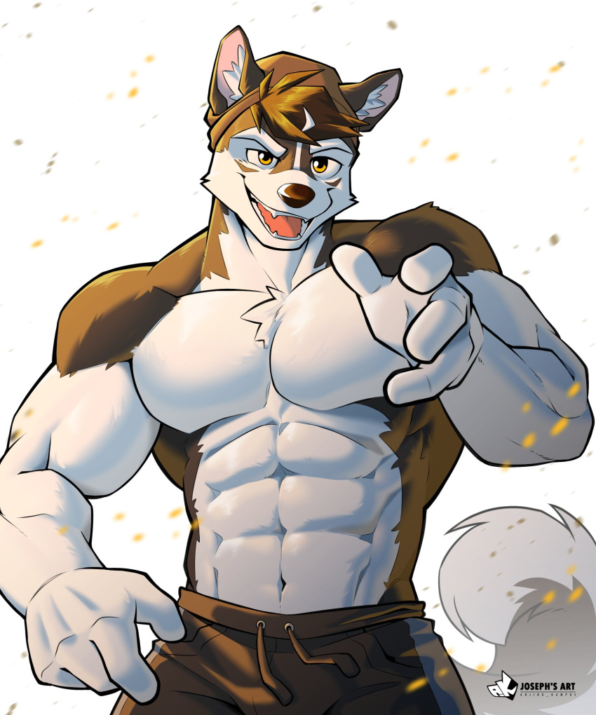 abs anjing_kampuss anthro biceps canid canine canis clothed clothing domestic_dog hi_res joseph_(anjing_kampuss) male mammal muscular muscular_male nordic_sled_dog pecs solo spitz topless
