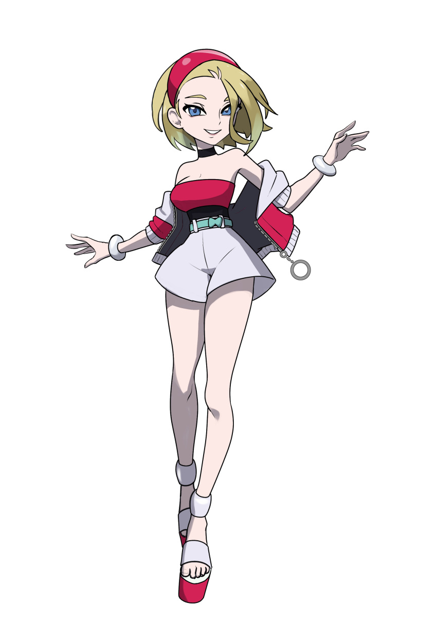 1girl absurdres adapted_costume alternate_costume alternate_eye_color alternate_hair_color bare_shoulders black_choker blonde_hair blue_eyes bob_cut breasts camera choker cosplay costume_switch crop_top headband highres holding irida_(pokemon) loose_hair_strand medium_breasts multiple_views off-shoulder_shirt off_shoulder official_style perrin_(pokemon) pokemon pokemon_(game) pokemon_legends:_arceus pokemon_sv rhymewithray sandals shirt short_hair short_sleeves smile solo
