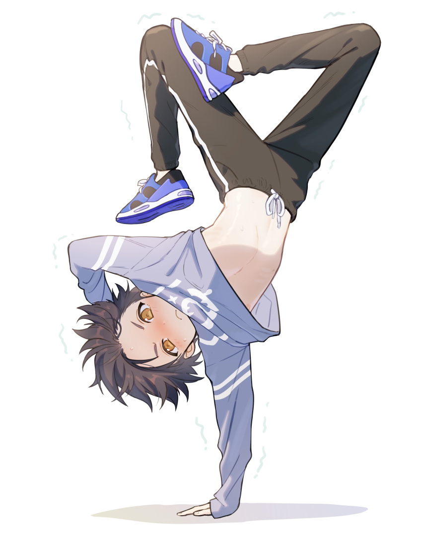 1boy absurdres bishounen black_hair black_pants blush brown_eyes commentary_request frown handstand highres looking_at_viewer male_focus navel one_arm_handstand original pants pillow_(nutsfool) purple_shirt shirt shoes simple_background sleeves_past_wrists sneakers solo sweat track_pants trembling upside-down white_background