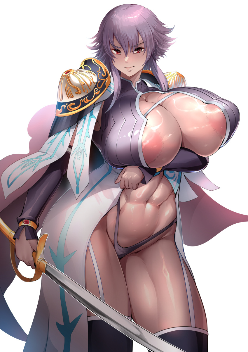 1girl abs absurdres adapted_costume alternate_costume areola_slip arm_under_breasts armor black_thighhighs breasts breasts_apart cape cleavage cowboy_shot crop_top curvy dark_skin detached_sleeves elbow_gloves frown garter_straps gladys_von_wackenheim gloves hair_between_eyes highres holding holding_weapon huge_breasts kyonyuu_fantasy kyonyuu_fantasy_burst large_areolae large_breasts linea_alba looking_at_viewer navel no_pants orange_eyes puffy_nipples purple_hair remu_(kirieroido) saber_(weapon) shiny_skin shirt short_hair_with_long_locks shoulder_armor sidelocks solo standing striped striped_shirt sword thighhighs thong toned two-tone_legwear vertical-striped_shirt vertical_stripes weapon white_background white_garter_straps