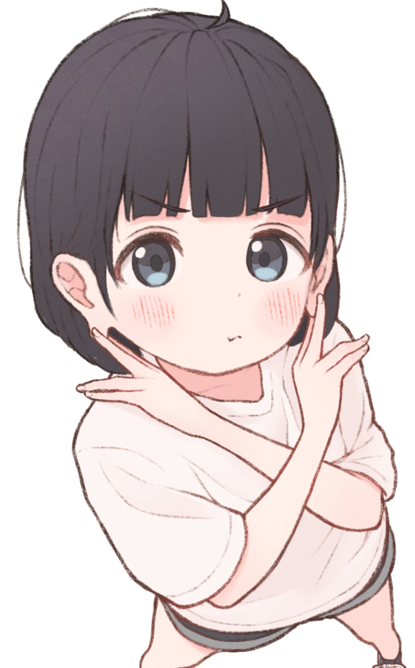 1girl 1ssakawaguchi :t absurdres ahoge black_hair blue_eyes blush bob_cut hand_on_own_ear highres looking_at_viewer original pulling_own_ear shirt short_hair short_shorts shorts simple_background solo t-shirt white_background x_arms