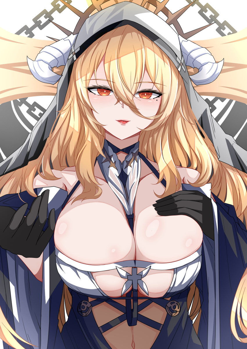 1girl absurdres azur_lane bare_shoulders between_breasts black_gloves blonde_hair breast_cutout breasts covered_navel fake_horns gloves habit hair_between_eyes hand_on_own_chest highres horns implacable_(azur_lane) large_breasts long_bangs long_hair looking_at_viewer nun orange_eyes revealing_clothes see-through shiny_skin siota1998 solo two-tone_dress very_long_hair white_horns