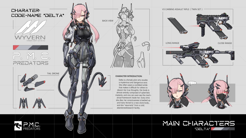 1girl absurdres assault_rifle chinese_commentary cyborg drone grey_eyes gun hair_over_one_eye highres jacket magazine_(weapon) mask mechanical_arms mechanical_ears mechanical_legs mechanical_spine original pink_hair red_pupils reference_sheet rifle science_fiction see-through sherman_(egnk2525) solo standing tachi-e tail weapon