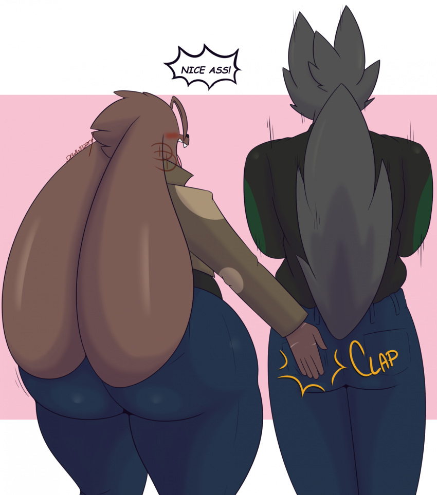 2023 5_fingers anthro big_butt black_clothing black_topwear blush bottomwear brown_body brown_clothing brown_fur brown_hair brown_jacket brown_topwear butt butt_slap canid canine canis clothing denim denim_clothing dew_(dewwydarts) dewwydarts dialogue duo emanata english_text female fingers fur generation_4_pokemon grey_body grey_fur grey_hair hair hi_res huge_butt huge_thighs impact_emanata jacket jeans long_ears lopunny male male/female mammal nintendo open_mouth pants pokemon pokemon_(species) rear_view simple_background slap standing text thick_thighs topwear val_(dewwydarts) wide_hips wolf