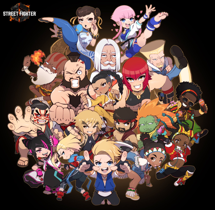 blanka cammy_white capcom chun-li dee_jay dhalsim edmond_honda guile han_juri highres ken_masters kicking kimberly_jackson manon_legrand marisa_(street_fighter) ryu_(street_fighter) street_fighter zangief