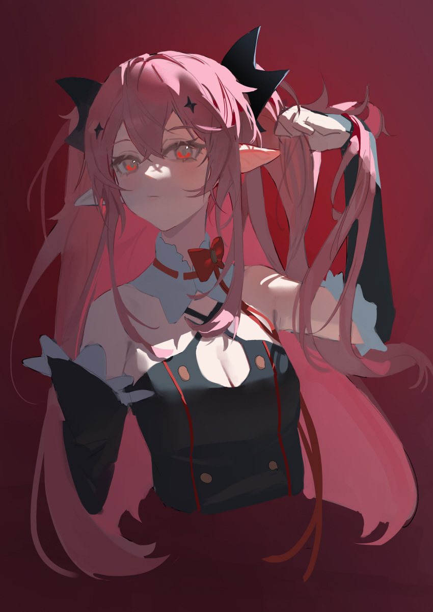 1girl absurdres alternate_breast_size bare_shoulders black_dress blush breasts cleavage cleavage_cutout clothing_cutout detached_sleeves dress gradient_background hair_between_eyes highres krul_tepes long_hair medium_breasts owari_no_seraph pink_hair pointy_ears red_background red_eyes rosehip_t72 simple_background sketch solo upper_body very_long_hair