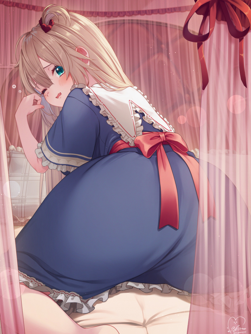 akai_haato aqua_eyes ass back_bow bed bed_sheet blue_dress blush bow canopy_bed commentary_request dress hair_between_eyes hair_ornament hair_scrunchie highres hololive indoors light_brown_hair long_hair long_sleeves looking_at_viewer looking_back magowasabi one_eye_closed scrunchie signature virtual_youtuber waking_up wavy_hair