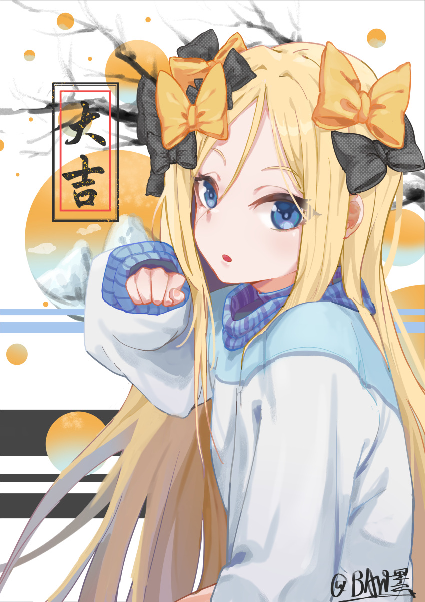 1girl abigail_williams_(fate) absurdres alternate_costume baggy_clothes baw_hei black_bow blonde_hair blue_eyes bow commentary_request fate/grand_order fate_(series) forehead hair_between_eyes hair_bow highres long_hair looking_at_viewer open_mouth orange_bow parted_bangs sleeves_past_wrists solo sweater twitter_username very_long_hair white_sweater