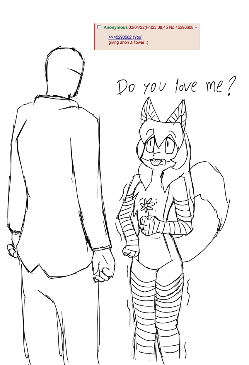 4chan anon anthro averi_(fiddleafox) canid canine clothing dipstick_tail duo english_text female female_anthro flower fox fur gloves_(marking) hair hi_res human leg_markings male male/female mammal markings monochrome plant socks_(marking) tail tail_markings text unknown_artist