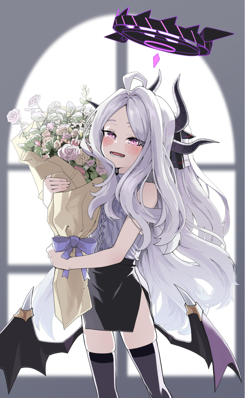 1girl :d ahoge bangs black_thighhighs blue_archive blurry bouquet commentary_request demon_girl demon_horns demon_wings depth_of_field flower hair_ribbon halo highres hina_(blue_archive) holding holding_bouquet horns long_hair looking_at_viewer parted_bangs pencil_skirt ponytail purple_eyes ribbon rodeong_r rose shirt side_slit sidelocks skirt sleeveless sleeveless_shirt smile solo thighhighs white_flower white_hair white_rose window wings zettai_ryouiki