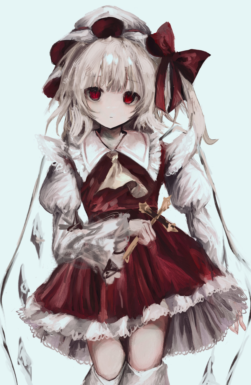 1girl absurdres amagi_xx ascot blonde_hair expressionless flandre_scarlet frills hat hat_ribbon highres long_sleeves looking_at_viewer mob_cap puffy_sleeves red_eyes red_skirt revision ribbon shirt skirt skirt_set solo thighhighs touhou vest white_thighhighs wings