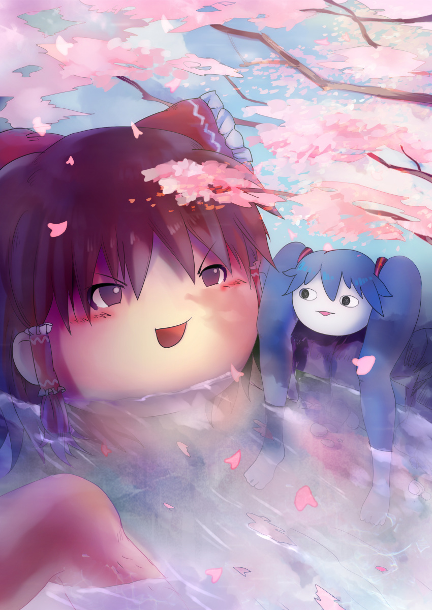 2girls absurdres black_eyes blue_hair blush bow brown_eyes brown_hair ch3507 cherry_blossoms commentary_request crossover frilled_bow frilled_hair_tubes frills full_body hair_bow hair_ornament hair_tubes hakurei_reimu hatsune_miku highres multiple_girls onsen petals red_bow shiteyan'yo short_hair touhou v-shaped_eyebrows vocaloid water yukkuri_shiteitte_ne