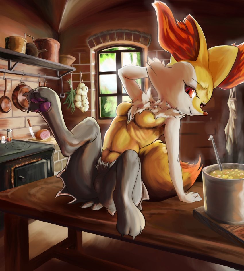 absurd_res anthro appliance braixen breasts comfy cooking cooking_pot detailed_background featureless_breasts featureless_crotch female fire fireplace food furniture generation_6_pokemon hi_res inside kitchen kitchen_appliance meat nintendo noconcession oven plant pokemon pokemon_(species) seductive sitting small_breasts solo soup steaming stove table window window_light