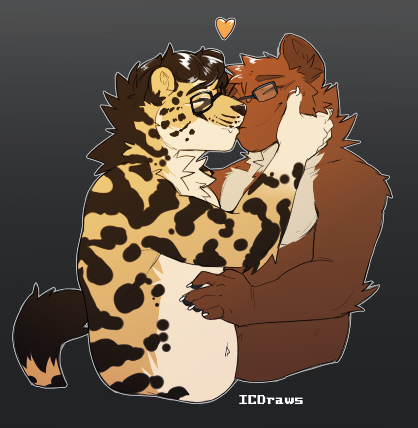 &lt;3 anthro cam_(camthemarten) cheetah felid feline fur gulonine hair hi_res icecreamdraws king_cheetah kissing kofi_(kofithechee) male mammal marten mustelid musteline pine_marten simple_background spots spotted_body spotted_fur