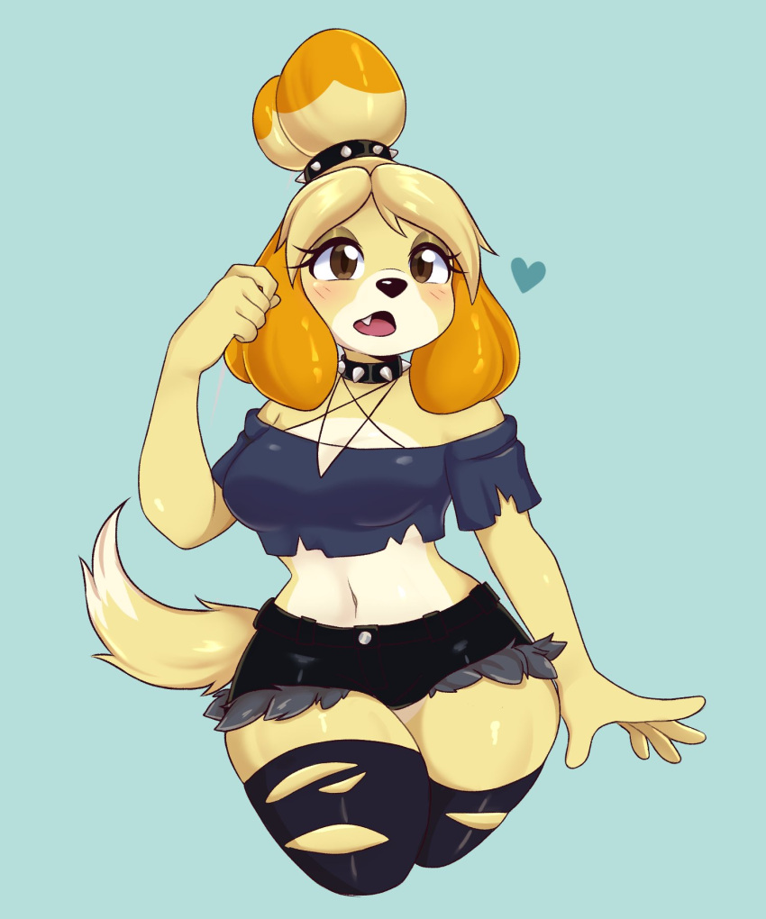 2023 5_fingers animal_crossing anthro artkett1412 black_nose blonde_hair blush blush_lines canid canine canis clothed clothing collar cosplay crossover crossover_cosplay dipstick_tail domestic_dog eyelashes fangs female fingers hair helluva_boss hi_res isabelle_(animal_crossing) legwear loona_(helluva_boss) mammal markings midriff navel nintendo shih_tzu simple_background solo spiked_collar spikes tail tail_markings teeth thick_thighs torn_clothing torn_legwear toy_dog