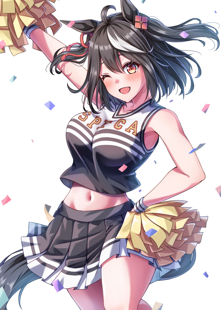 1girl ahoge animal_ears arm_up armpits bare_shoulders black_hair black_shirt black_skirt blush brown_eyes cheerleader commentary cowboy_shot cropped_shirt dot_nose double-parted_bangs hair_between_eyes hair_ornament hand_on_own_hip highres hirorinwelcome holding holding_pom_poms horse_ears horse_girl horse_tail kitasan_black_(umamusume) looking_at_viewer midriff multicolored_hair navel one_eye_closed open_mouth pleated_skirt pom_pom_(cheerleading) print_shirt shirt short_hair simple_background skirt sleeveless sleeveless_shirt smile solo streaked_hair tail thighs two_side_up umamusume umapyoi_(phrase) white_background white_hair white_wristband