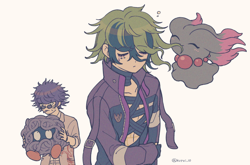 2boys biting_hair blue-tinted_eyewear blue_hair closed_eyes closed_mouth crossover eyeliner glasses green_hair hair_between_eyes highres holding holding_pokemon jacket kuroi_10 long_sleeves looking_at_another makeup male_focus master_detective_archives:_rain_code messy_hair misdreavus multicolored_hair multiple_boys pokemon pokemon_(creature) purple_eyeliner purple_jacket round_eyewear short_hair simple_background smile standing streaked_hair tangela tinted_eyewear twitter_username upper_body vivia_twilight white_background yakou_furio