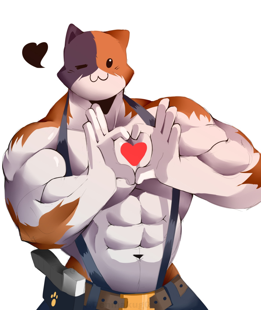 &lt;3 2023 5_fingers :3 abs absurd_res anthro belt biceps biped black_body black_fur bottomwear calico_cat clothed clothing denmakug0 digital_media_(artwork) domestic_cat epic_games felid feline felis fingers fortnite fur gesture gun hand_heart hi_res male mammal meowscles muscular muscular_anthro muscular_male navel one_eye_closed orange_body orange_fur pants pecs pose ranged_weapon simple_background smile solo suspenders topless weapon white_background white_body white_fur wink