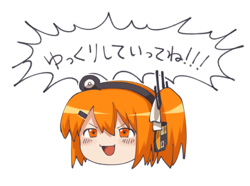 1girl a.i._voice adachi_rei blush commentary_request hair_ornament hair_ribbon hairclip head_only headlamp headphones looking_at_viewer medaka_h2 one_side_up open_mouth orange_eyes orange_hair parody radio_antenna ribbon simple_background smile solo translation_request utau v-shaped_eyebrows white_background white_ribbon yukkuri_shiteitte_ne