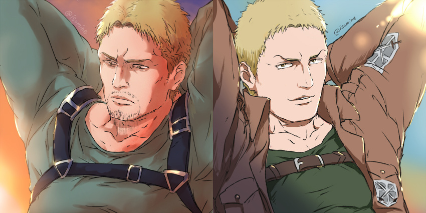 1boy age_progression arms_behind_head bara blonde_hair chest_belt goatee_stubble green_shirt highres isomine jacket leather leather_jacket looking_at_viewer looking_down male_focus mature_male mustache_stubble official_alternate_costume paradis_military_uniform pectorals reiner_braun sanpaku serious shingeki_no_kyojin shirt short_hair smug split_theme t-shirt three-dimensional_maneuver_gear toned toned_male upper_body v-shaped_eyebrows