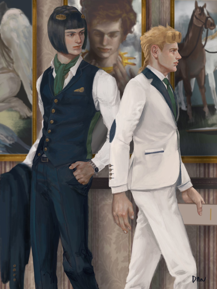 2boys artist_name belt black_hair blonde_hair blue_pants bob_cut braid bruno_bucciarati buttons commentary_request danart14020 formal giorno_giovanna green_eyes green_necktie hair_ornament hairclip hand_in_pocket highres holding holding_clothes holding_jacket indoors jacket jojo_no_kimyou_na_bouken long_hair long_sleeves looking_to_the_side male_focus multiple_boys necktie pants picture_(object) realistic shirt suit vento_aureo vest watch white_jacket white_pants white_shirt white_suit wristwatch