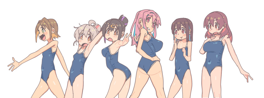 6+girls :d :o :t absurdres ahoge armpits arms_up ass bare_arms bare_legs bare_shoulders black_hair blue_hair blue_one-piece_swimsuit blunt_bangs blunt_ends bob_cut breast_envy breasts brown_eyes brown_hair colored_inner_hair commentary covered_navel fang flat_chest green_eyes grey_hair hair_between_eyes hair_bun hair_intakes hair_ornament hair_up hairclip hand_on_own_chest hand_on_own_hip highres hozuki_kaede hozuki_momiji large_breasts long_hair looking_at_another looking_at_viewer looking_away medium_breasts multicolored_hair multiple_girls murosaki_miyo new_school_swimsuit oka_asahi one-piece_swimsuit onii-chan_wa_oshimai! open_mouth orange_hair oyama_mahiro oyama_mihari pink_eyes pink_hair purple_hair school_swimsuit short_hair siblings simple_background sisters small_breasts smile solla swimsuit two-tone_hair white_background