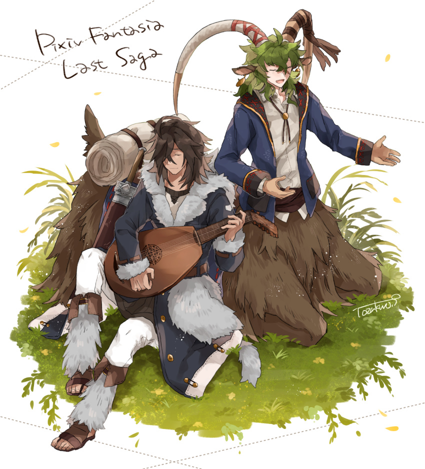 2boys animal_ears artist_name black_coat blue_coat bolo_tie brown_footwear brown_fur brown_gloves brown_hair centauroid closed_eyes closed_mouth coat collared_shirt full_body fur-trimmed_coat fur-trimmed_legwear fur-trimmed_sleeves fur_trim gloves grass green_hair grey_shirt hands_up highres hooded_coat horn_cover horn_ornament horn_ribbon horns instrument leaning_on_person leg_warmers light_smile long_hair long_sleeves lute_(instrument) male_focus monster_boy multiple_boys music open_mouth outdoors pants pixiv_fantasia pixiv_fantasia_last_saga playing_instrument ribbon sandals sheep_boy sheep_ears sheep_horns sheep_tail shirt simple_background sitting tail taur tozakuro_s white_background white_pants