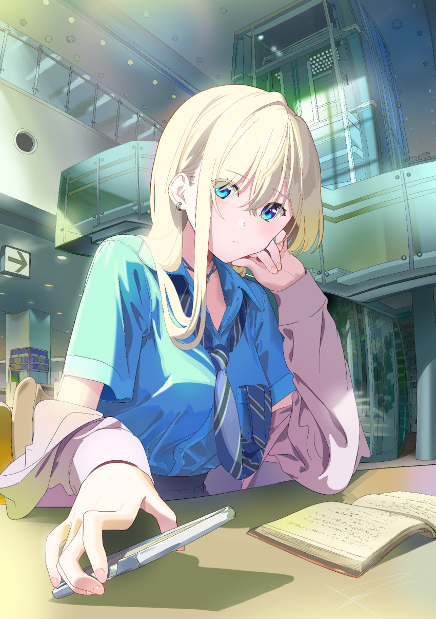 1girl blonde_hair blue_eyes blue_shirt book breast_pocket cardigan cellphone closed_mouth collared_shirt commentary_request crossed_bangs diagonal-striped_necktie earrings fingernails hair_between_eyes hand_on_own_cheek hand_on_own_face head_rest highres holding holding_phone indoors jewelry long_hair long_sleeves necktie necktie_in_pocket off_shoulder open_book open_cardigan open_clothes original phone pink_cardigan pocket poligon_(046) purple_necktie school_uniform shadow shirt shirt_tucked_in short_sleeves signature smartphone solo upper_body