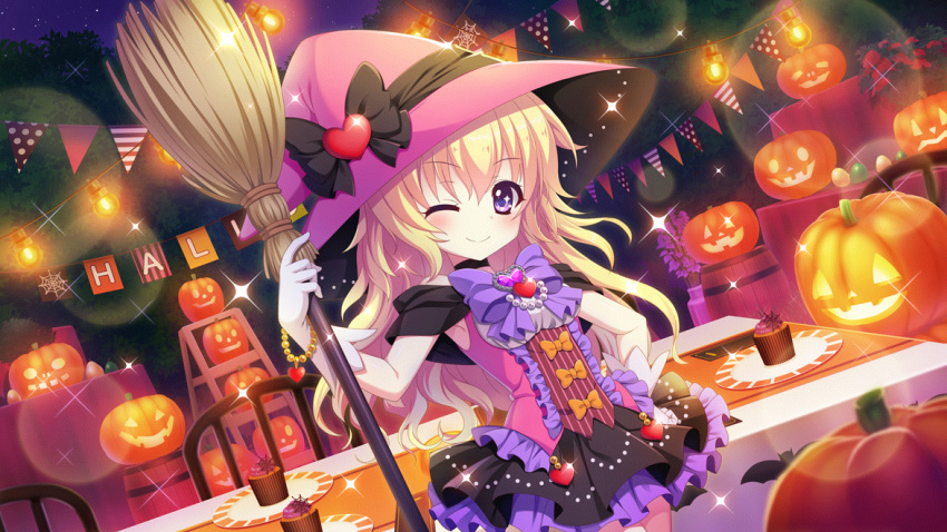 1girl armpits bare_shoulders barrel bat_(animal) black_bow black_choker black_skirt blonde_hair bow bowtie breasts brooch broom chair choker closed_mouth contrapposto cupcake dot_nose dress dutch_angle film_grain food game_cg gem gloves halloween halloween_costume hand_on_own_hip hasegawa_mii hat heart heart_brooch holding holding_broom icing izumi_tsubasu jack-o'-lantern jewelry ladder layered_skirt lens_flare long_hair night night_sky non-web_source off-shoulder_dress off_shoulder official_art one_eye_closed pearl_(gemstone) plate polka_dot purple_bow purple_bowtie purple_dress purple_eyes purple_headwear purple_skirt re:stage! silk skirt sky small_breasts smile solo sparkle sparkling_eyes spider_web stepladder string_of_flags striped table tablecloth tree white_gloves witch_hat yellow_bow