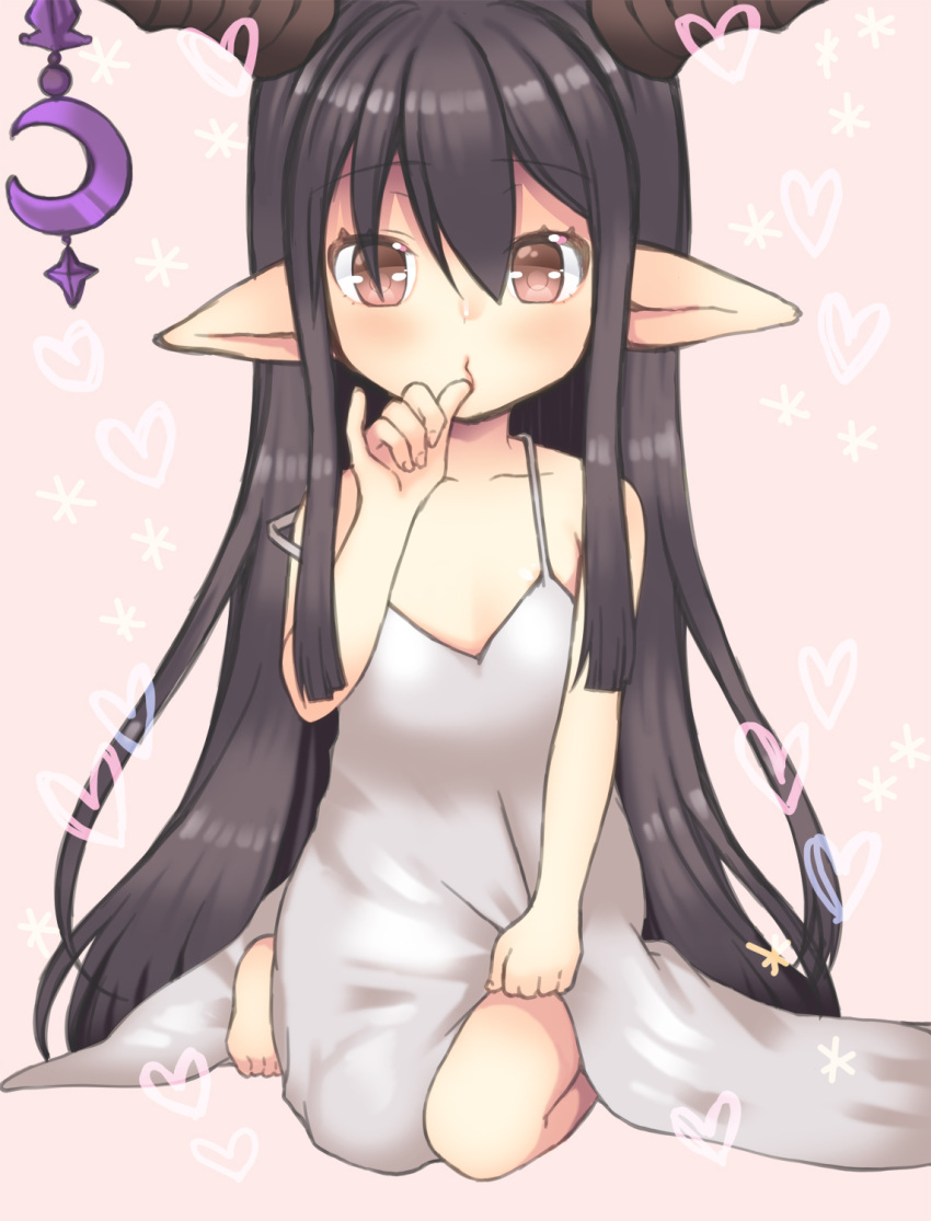 1girl aged_down collarbone danua draph dress granblue_fantasy highres horn_ornament horns kneeling long_hair nyannyan_zun pointy_ears solo thumb_sucking white_dress