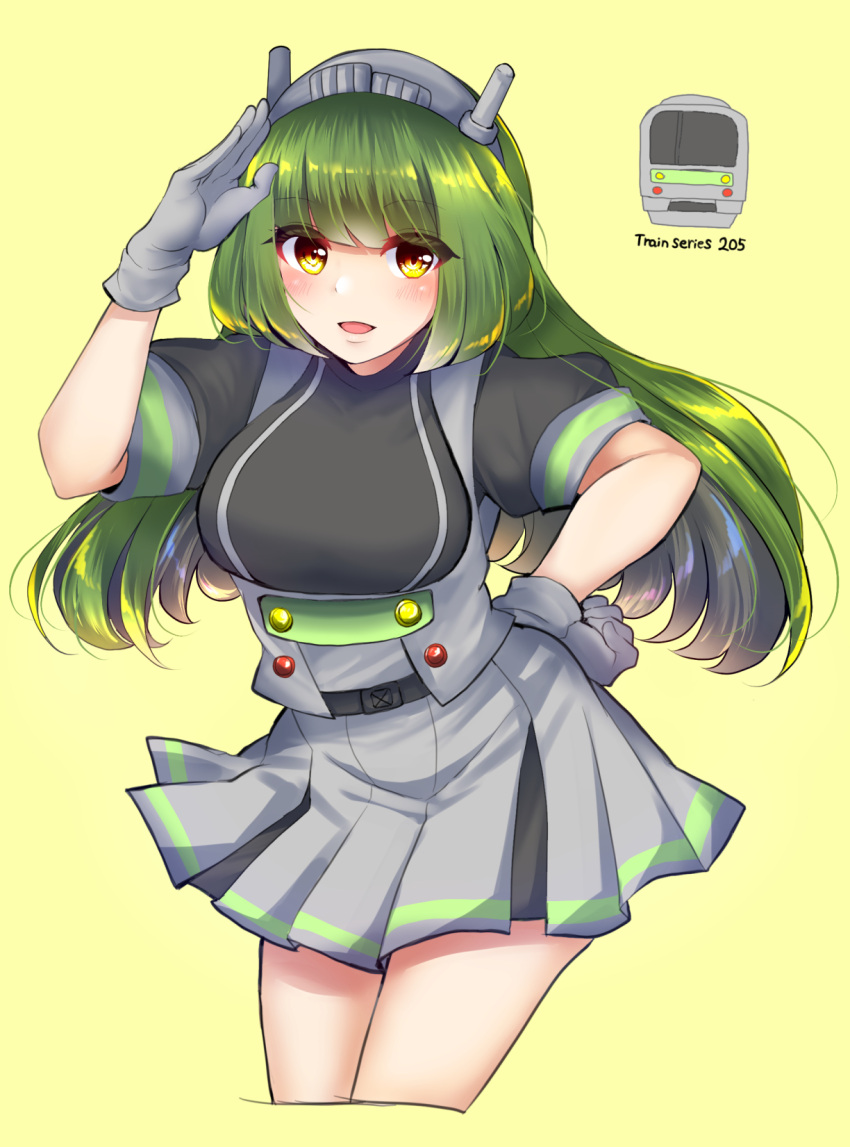 1girl black_shirt blush breasts commentary_request cowboy_shot cropped_legs gloves green_background green_hair green_trim grey_gloves grey_skirt hand_on_own_hip highres large_breasts long_hair looking_at_viewer open_mouth original ougi_hina personification pleated_skirt salute shirt short_sleeves simple_background skirt smile solo yellow_eyes