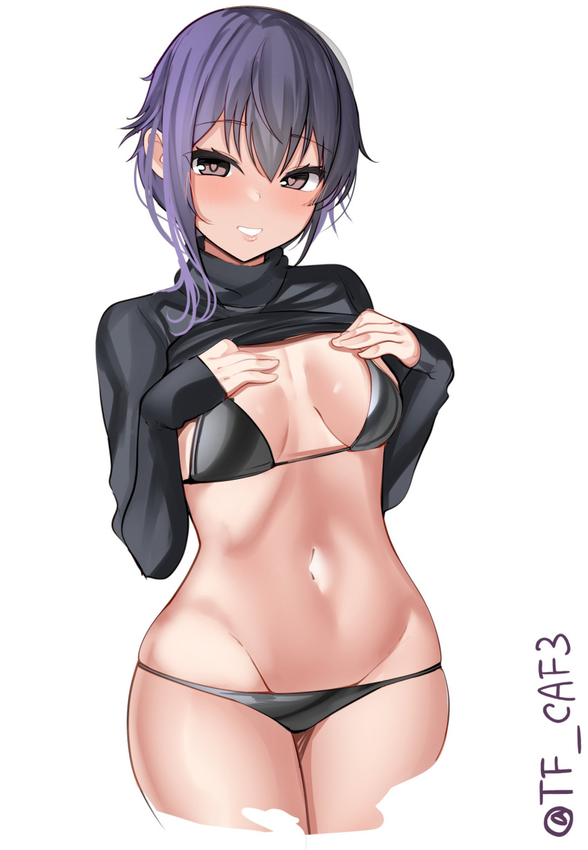 1girl alternate_costume bikini black_bikini black_sweater blush breasts brown_eyes cleavage clothes_lift cowboy_shot hair_between_eyes hand_on_own_chest heart heart-shaped_pupils highres i-14_(kancolle) kantai_collection lifted_by_self long_sleeves looking_at_viewer navel one-hour_drawing_challenge purple_hair short_hair simple_background small_breasts smile solo sweater sweater_lift swimsuit symbol-shaped_pupils tf_cafe turtleneck turtleneck_sweater twitter_username white_background