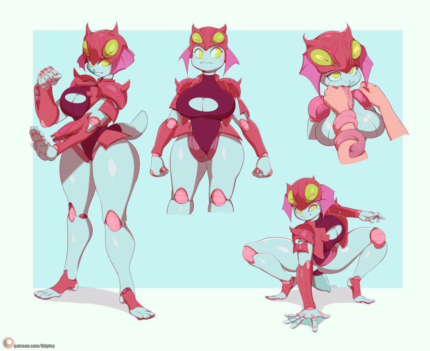 absurd_res amphibian anthro armor barefoot big_breasts big_butt blue_body blue_sclera bottomless breasts butt cleavage_cutout clothed clothing crouching featureless_breasts feet female frog green_eyes headgear helmet hi_res horizontal_pupils huge_breasts jacket long_tongue machine medabots multiple_images one-piece_swimsuit pupils red_body riipley robot shoulder_pads simple_background smile solo standing swimwear thick_thighs tongue tongue_wrap topwear wide_hips