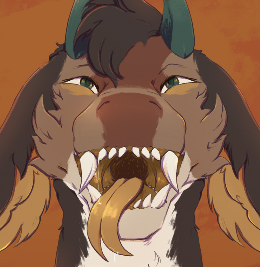 anthro brown_body brown_fur brown_hair fangs forked_tongue front_view fur green_eyes green_pupils hair headshot_portrait hi_res horn lionfloof male mouth_shot open_mouth orange_tongue portrait pupils sharp_teeth solo teeth tongue tongue_out white_body white_fur