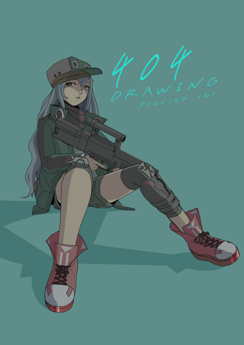 1girl assault_rifle brown_eyes eyelashes g11_(girls'_frontline) girls'_frontline green_background green_headwear grey_eyes gun h&amp;k_g11 hat highres holding holding_gun holding_weapon long_hair rifle shadow shoes shorts sitting sneakers solo tomo_(f2000) weapon