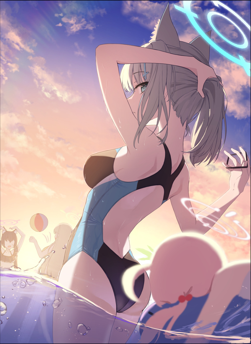 4girls :o absurdres adjusting_hair afloat animal_ear_fluff animal_ears arm_behind_head ass ball bare_back beachball bikini black_bikini black_hair blue_archive blue_eyes blurry breasts cat_ears cat_girl cloud cloudy_sky commentary_request competition_school_swimsuit cross_hair_ornament depth_of_field detached_sleeves faceless faceless_female frilled_bikini frills from_behind grey_hair hair_between_eyes hair_bobbles hair_ornament halo highres holding holding_hair horizon hoshino_(blue_archive) hoshino_(swimsuit)_(blue_archive) in_water innertube long_hair looking_at_another looking_at_viewer low_twintails lying medium_hair multiple_girls nonomi_(blue_archive) nonomi_(swimsuit)_(blue_archive) ocean official_alternate_costume on_stomach pink_hair pla0658 playing rubber_band school_swimsuit serika_(blue_archive) serika_(swimsuit)_(blue_archive) shiroko_(blue_archive) short_sleeves shoulder_blades sideboob sidelocks sky sleeping sleeveless solo_focus stomach stuffed_whale swimsuit twilight twintails wet wet_clothes wet_swimsuit white_bikini wolf_ears wolf_girl